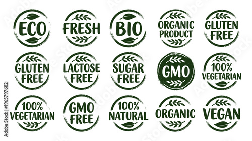Eco organic label set with vegan gluten free and bio stamp