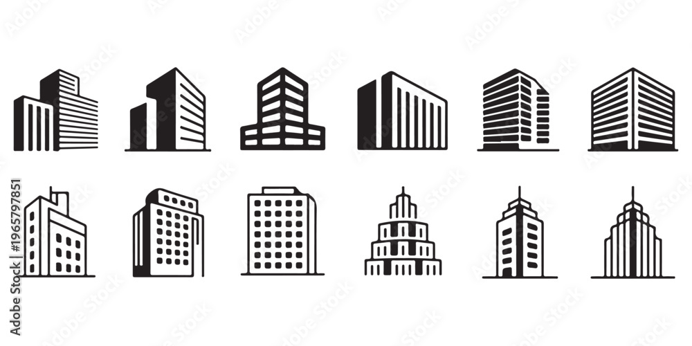 Fototapeta premium Modern building silhouette icon collection including skyscrapers and city structures in black vector style