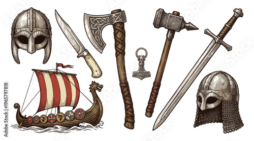 Viking color engraving set with drakkar ship helmet axe sword hammer