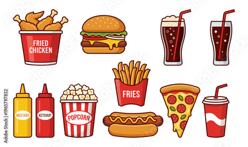 Fast food set with burger pizza french fry hot dog popcorn and soda