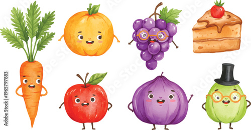 Vector Illustration Cute Cartoon Personified Fruits, Vegetables, and Cake Characters