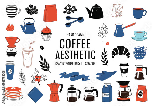 Hand drawn coffee aesthetic icons set for cafe and restaurant design