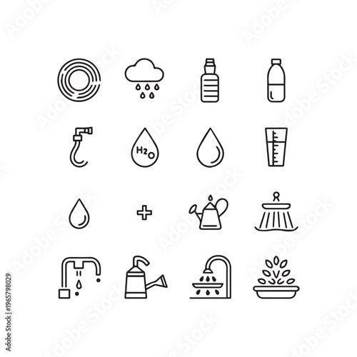 Collection of Sixteen Minimalist Black Line Icons Featuring Various Water Related Objects.