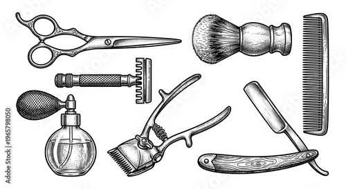 Vintage barber tool set with scissors clipper razor and comb