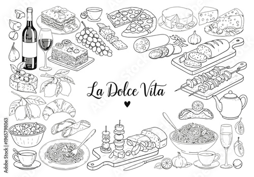 La Dolce Vita food and drink illustration with wine, cheese, and desserts, Italian cuisine concept