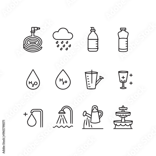 Collection of Sixteen Minimalist Black Line Icons Featuring Various Water Related Objects.