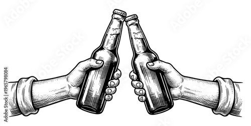 Beer bottle clinking in hand gesture vintage engraving