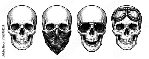 Vintage human skull set with bandana sunglass and aviator goggle