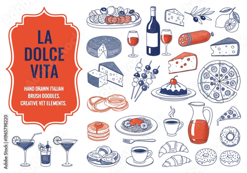 Italian food and drink icons set with wine, cheese, and dessert elements, hand drawn illustration