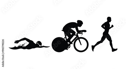 Triathlon progression showing swimming cycling and running a silhouette