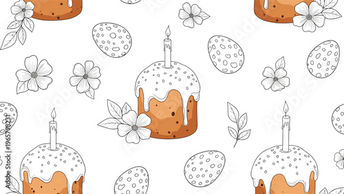 Seamless pattern of traditional Easter cakes with icing and candles alongside decorated eggs and flowers on white.