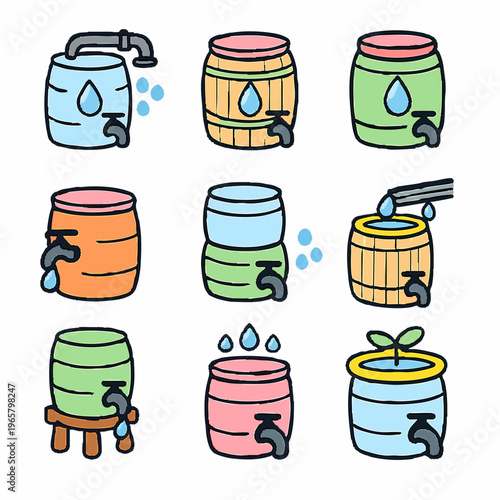 colorful cartoon water barrels with taps and droplets