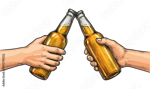 Beer bottle clinking in hand gesture toast vintage color engraving