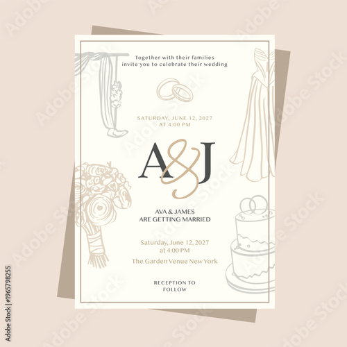 Elegant wedding invitation template with initials, minimal neutral design with floral and line art elements.Features line art wedding elements, floral decorations and soft beige tones.