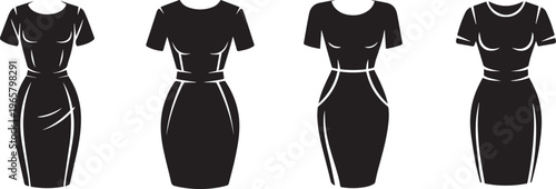 Black sheath dress with short sleeves and belted waist elegant silhouette vector illustration on transparent background.
