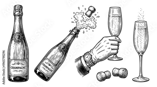 Champagne bottle engraving set with popping cork splash glass and hand