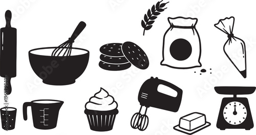 black and white baking icons set with kitchen utensils