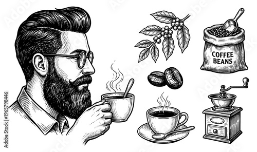 Coffee engraving set with bearded barista grinder sack and bean
