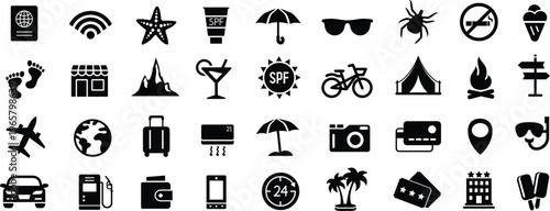 Travel and tourism vector icons set. Big set of black flat icons isolated on white background.