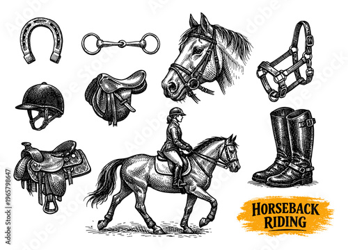 Horseback riding engraving set with saddle horse head helmet and boot