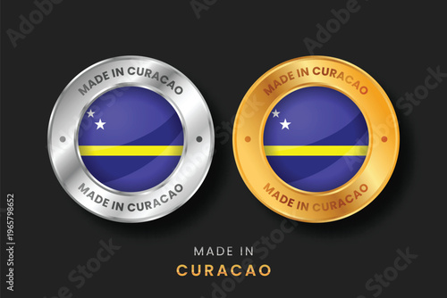 Circular gold and silver labels with the Curacao flag. High-quality "Made in Curacao" emblems for local products, exports, and manufacturing origin certification