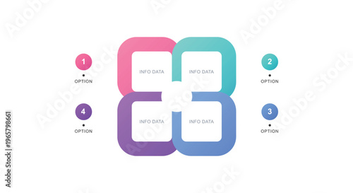 Four step square infographic design with colorful rounded borders and central icons for info data and business option presentation on white