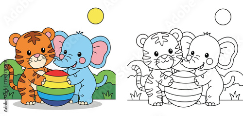 Cute cartoon baby tiger and elephant playing with a colorful ball vector illustration