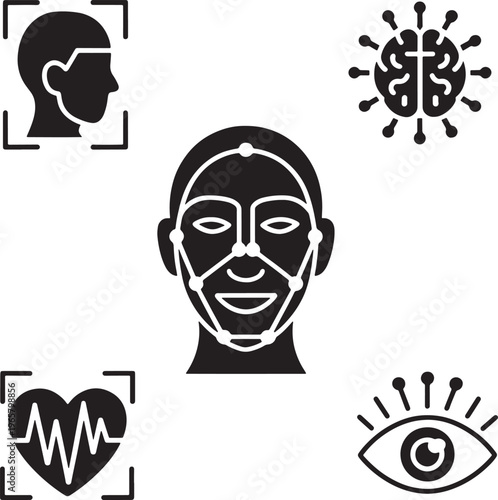 Biometric facial recognition technology and brain scan icons set