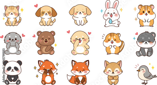 Cute Animal Character Set Featuring Kittens, Puppies, Bunnies, Hamsters, Bears, Pandas, Foxes, and Birds with Adorable Expressions