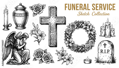 Funeral sketch engraving set with angel cross gravestone and wreath