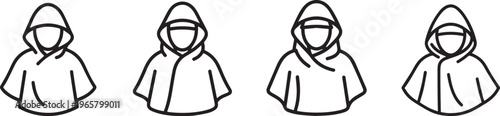 Raincoat poncho line icon set showing human figure wearing waterproof hooded cape for weather protection and travel gear.
