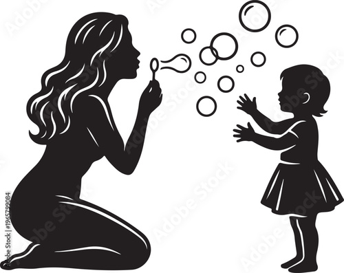 A woman blowing bubbles for a child