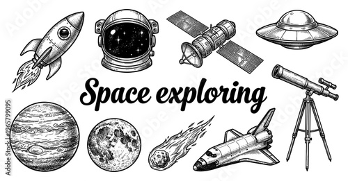  Vintage space exploration engraving with rocket astronaut and ufo