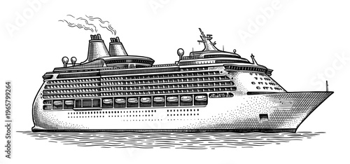 Vintage cruise ship engraving with ocean liner and passenger deck