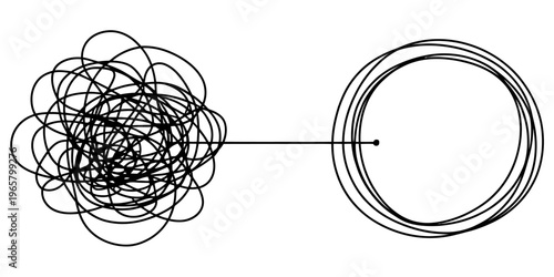 A conceptual line drawing showing a transition from chaotic tangled scribbles to organized circles Vector, illustration