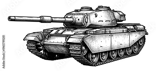  Vintage military tank engraving with armored vehicle and cannon