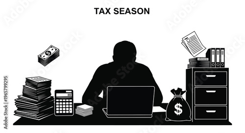 Person working on taxes with money and documents black silhouette