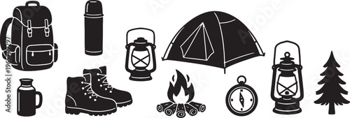 black and white camping icons set with tent and gear