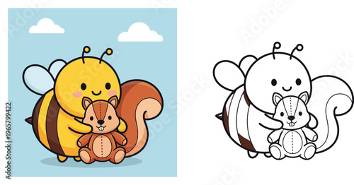 Cute kawaii cartoon bee hugging a little baby squirrel best friends vector illustration