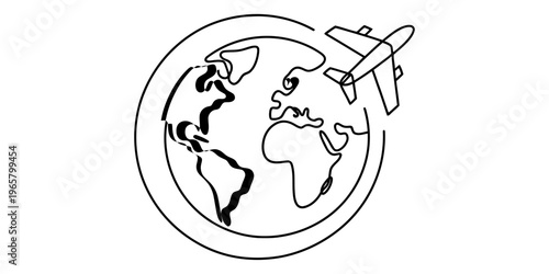 A continuous line drawing of a stylized airplane flying around the globe of the planet earth. Vector, illustration