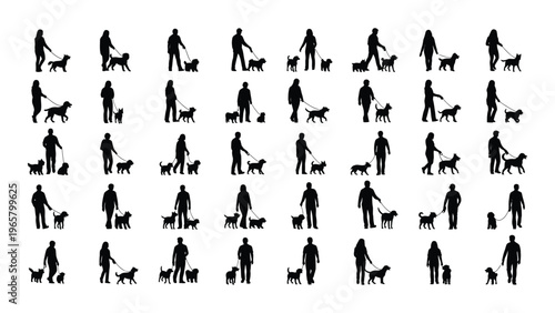 A collection of black silhouettes depicts people walking their canine companions showcasing a simple unified aesthetic silhouette high quality