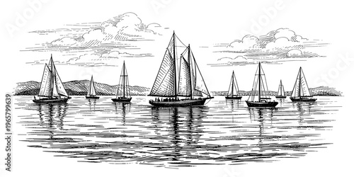  Sailing ship boat engraving seascape with ocean landscape and scenery