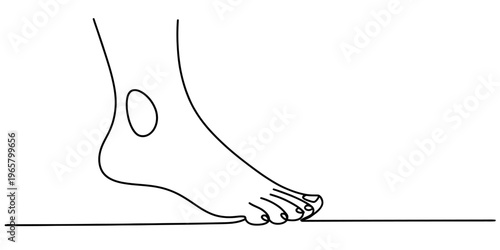 A continuous line drawing of a human foot resting flat on a horizontal line against white background Vector, illustration