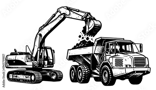 Excavator loading dump truck industrial engraved vintage sketch hand drawn