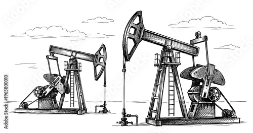 Oil pump jack energy industry engraved vintage sketch hand drawn