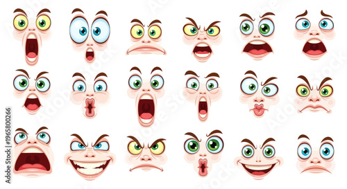 Diverse Cartoon Faces Expressing Various Emotions - Joy, Anger, Surprise, Fear