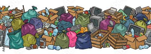 Garbage pile waste trash bag seamless border sketch hand drawn