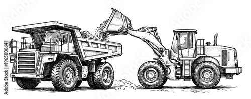 Wheel loader loading dump truck mining engraved vintage hand drawn