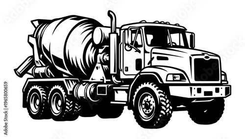  Concrete mixer truck construction industrial woodcut vintage graphic