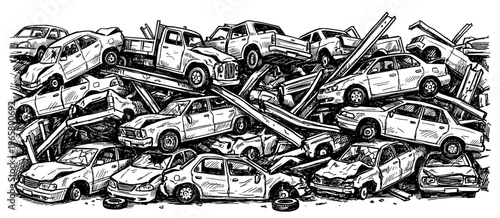 Junk car pile scrapyard scrap metal engraved vintage sketch